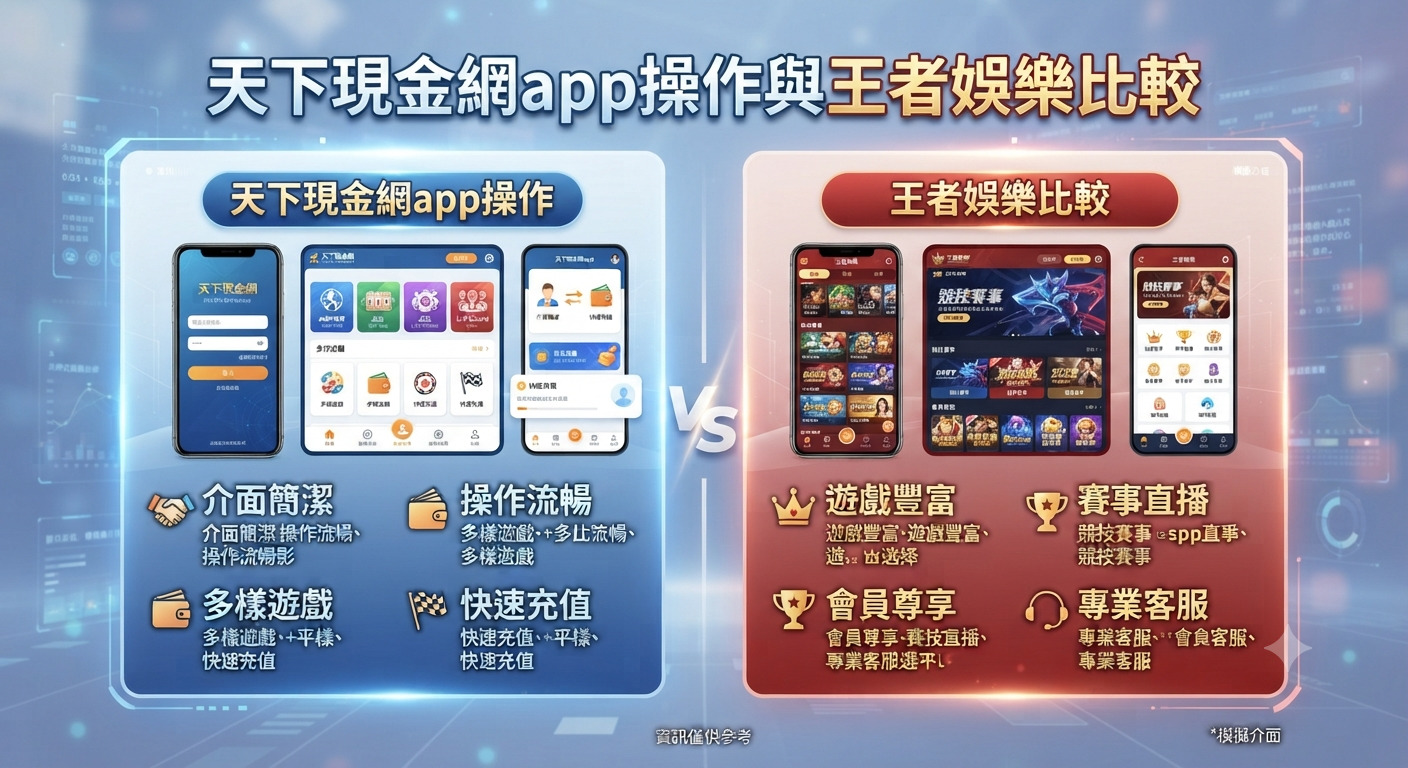 圖片展示了天下現金網app操作介面與王者娛樂的對比。 畫面採用雙欄排版並以科技感藍紅色彩突顯兩者差異。